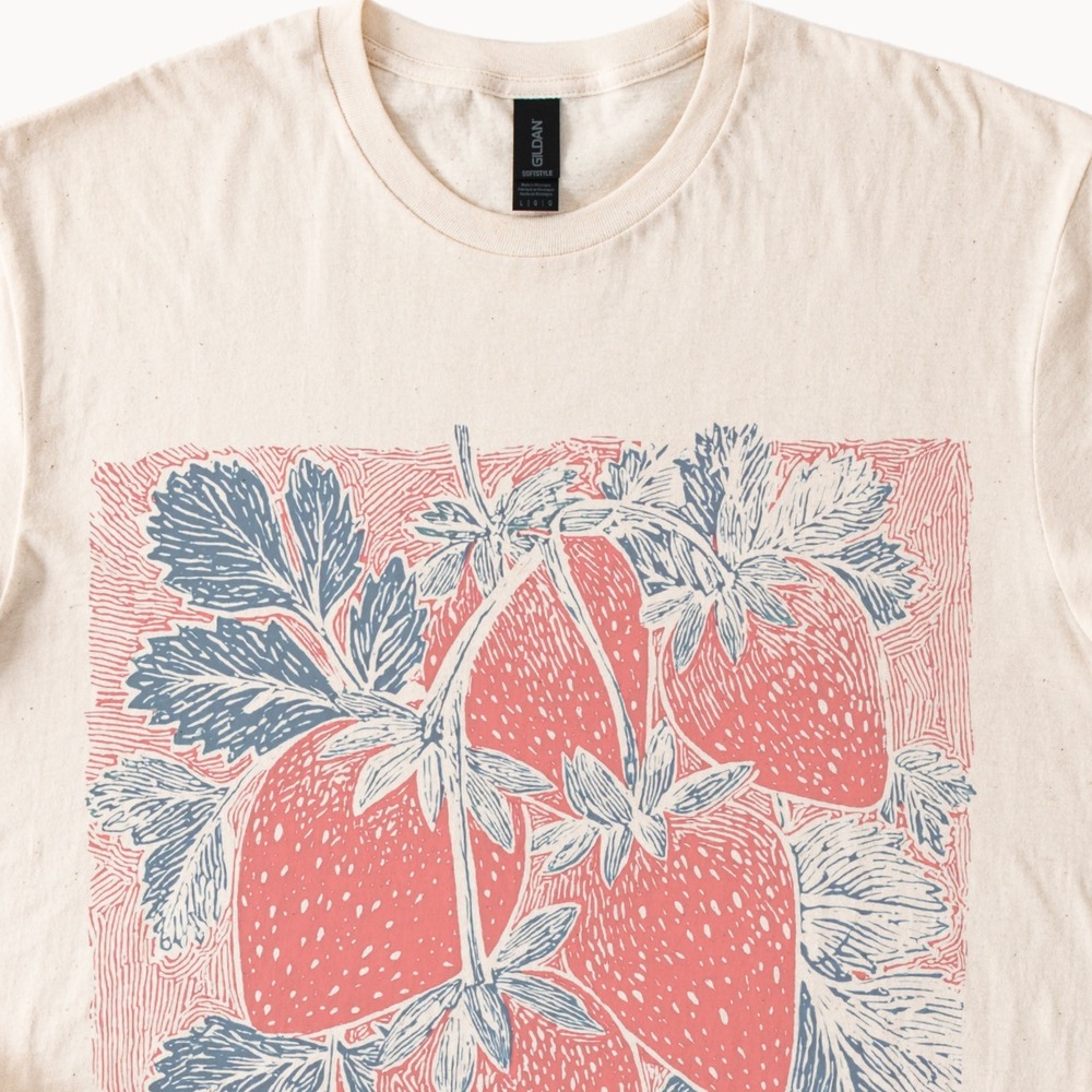 Strawberry Botanical Graphic Tee Vintage Woodcut Style Natural